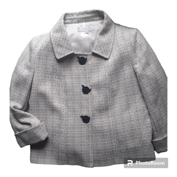TAHARI ASL Tweed Cream & Silver Sparkle Jacket Blazer 14 Black Accent Buttons - Picture 1 of 12